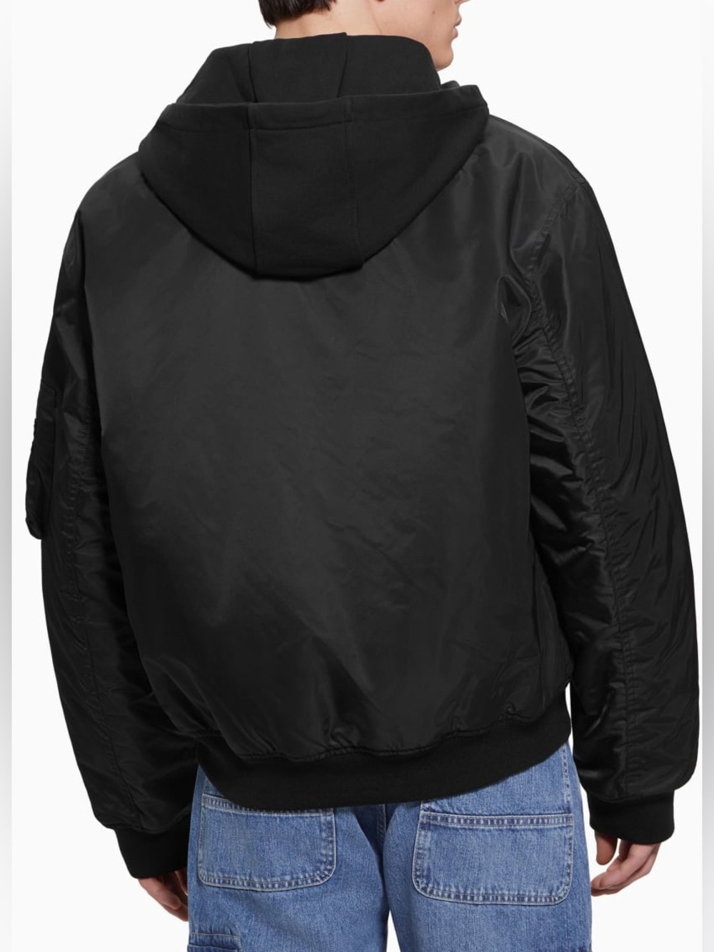 GUESS Men’s Hooded Bomber Jacket Jet Black Size Medium NWT Flaw - Picture 2 of 12